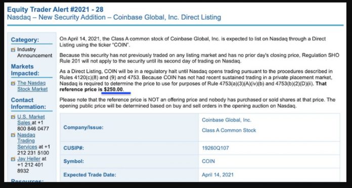 Coinbase Stock Hits The Market And Gets Reference Stock Price of $250