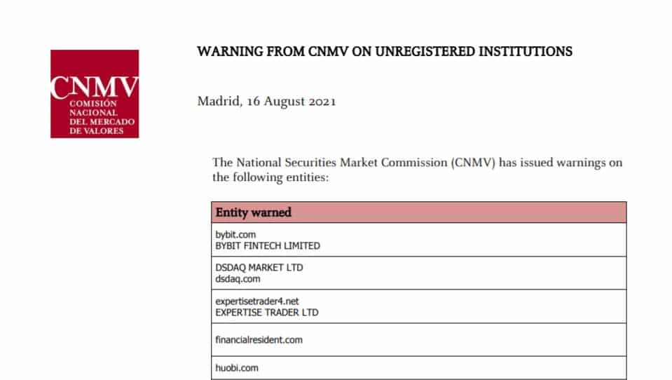 spain warning to bybit and huobi 1