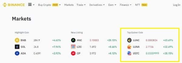 Binance top gainers LUNC and USTC