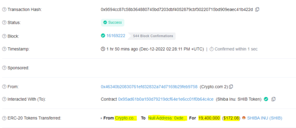 Crypto.coms-ის მომხმარებელმა დაწვა 19.40 მილიონი SHIB