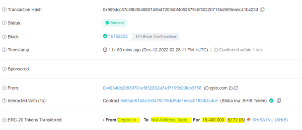 Crypto.coms User Burned 19.40 Million SHIB