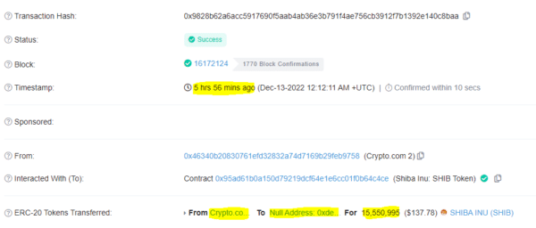 Peněženka související s kryptocomem spálila 15.55 milionů SHIB