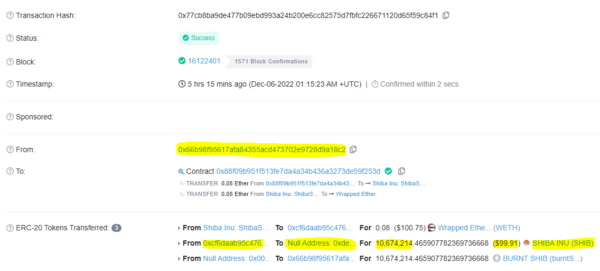 Мистериозен портфейл изгори 10.67 милиона SHIB