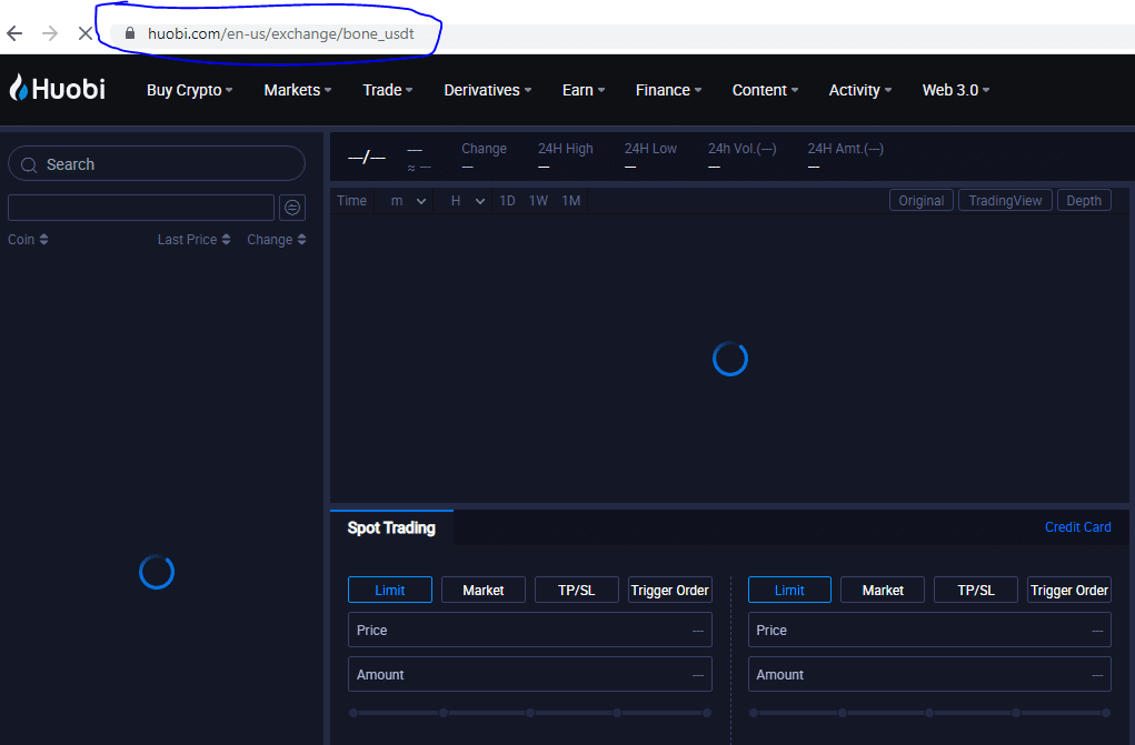 Bone trading page on Huobi