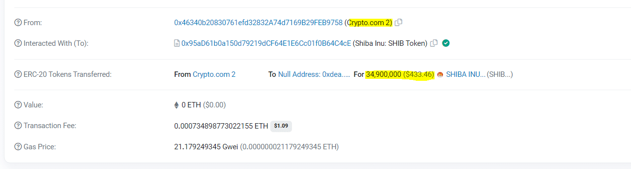 Cryptocom-ekin erlazionatutako zorroak 35M Shiba Inu erretzen ditu