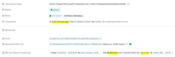 Mysterious Wallet Burned Over 63 Million SHIB