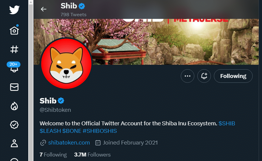 Shiba Inu twitter accoubt now has 37M followers