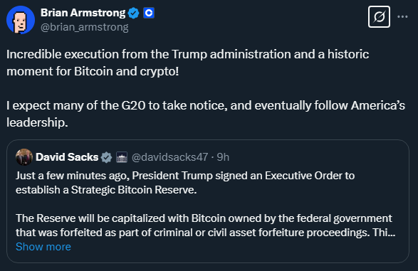 Coinbase CEO comments on US crypto reserve