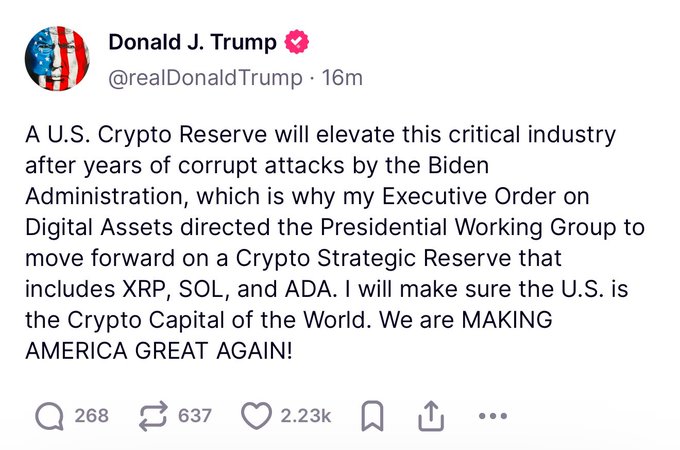 XRP SOL and ADA named in US Digital Asset Reserve