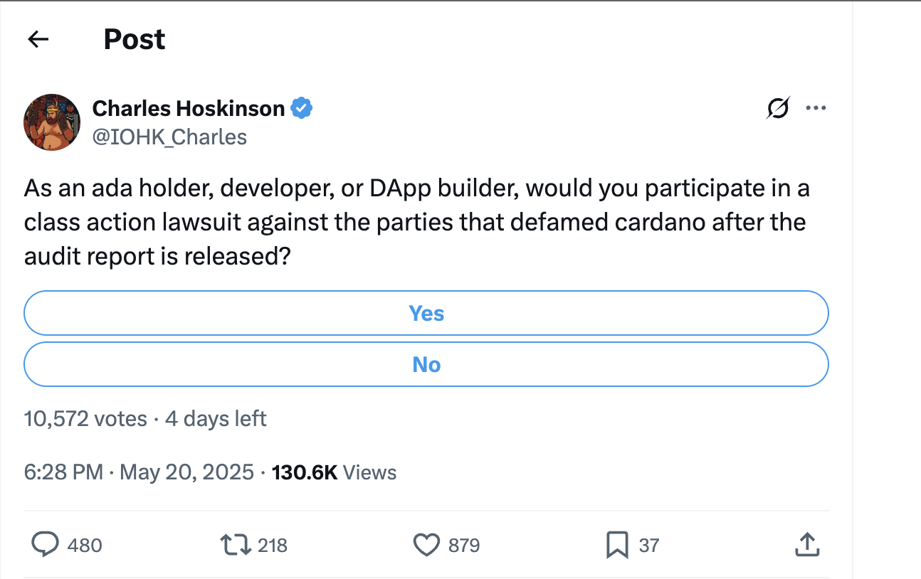 Hoskinson teases class action against parties defaming Cardano