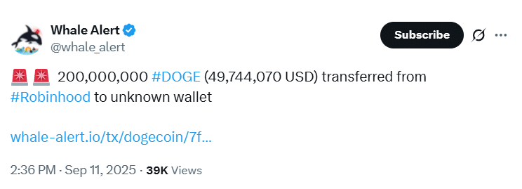 Dogecoin Whale Transaction from Robinhood