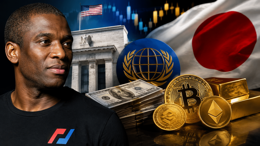 Illustration of Arthur Hayes alongside the Japanese and U.S. flags, Federal Reserve imagery, Bitcoin, Ether, gold and U.S. dollars.