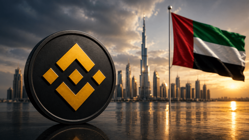 Binance logo displayed in front of the Dubai skyline alongside the UAE flag.