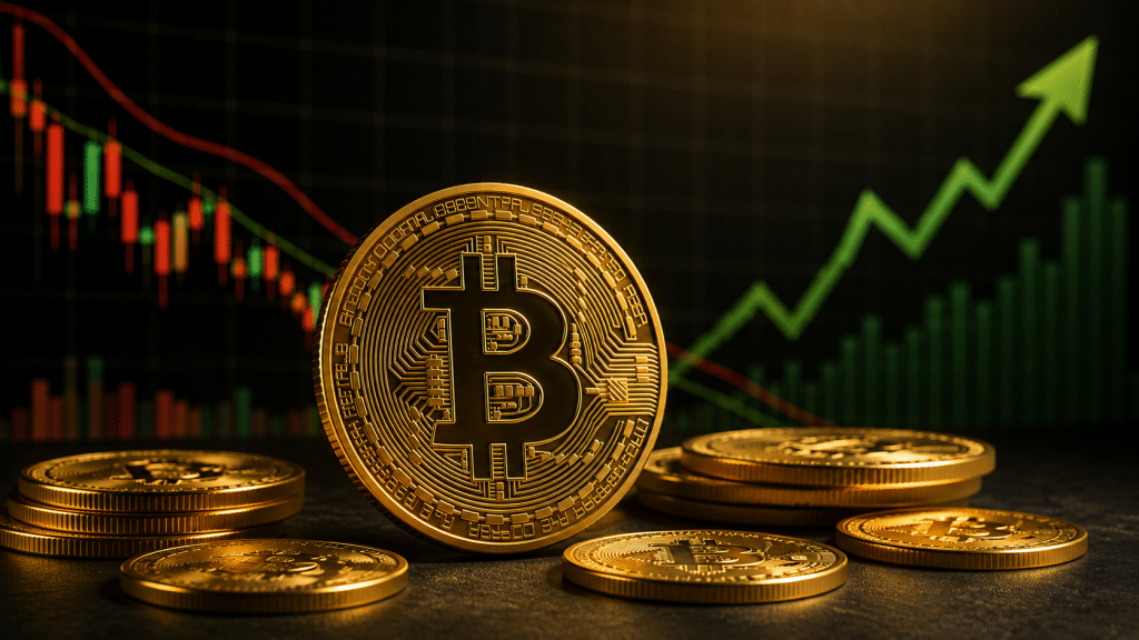 Gold Bitcoin coins in front of a crypto market chart showing a decline followed by an upward green trend.