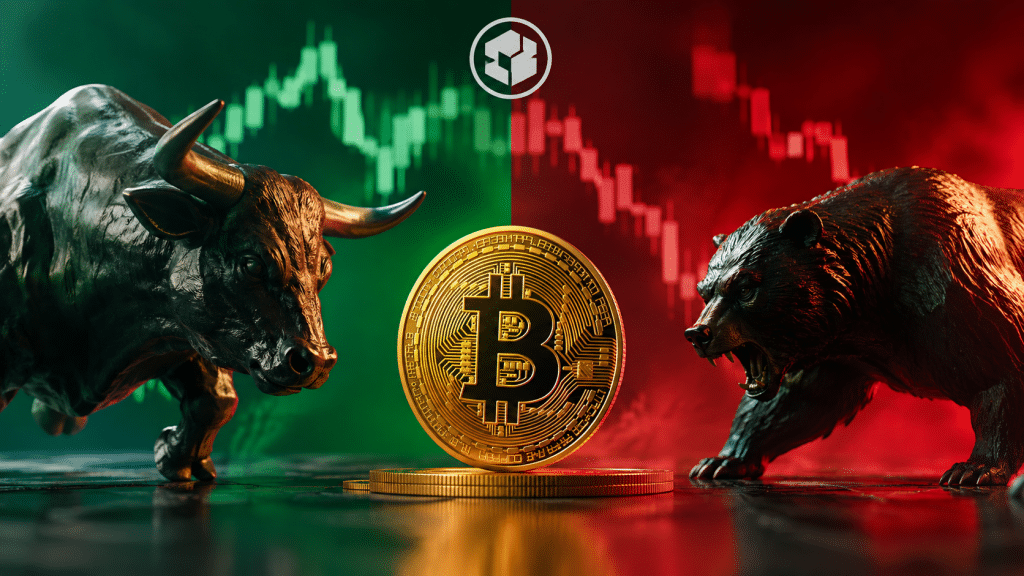 Bitcoin coin positioned between a bull and bear against green and red cryptocurrency trading charts.