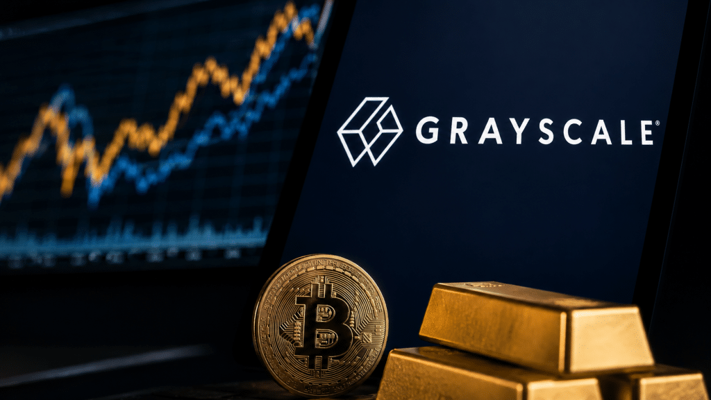 Bitcoin coin and gold bars displayed beside the Grayscale logo with a financial market chart in the background.