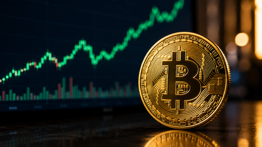 Gold Bitcoin coin in front of a rising cryptocurrency market chart.