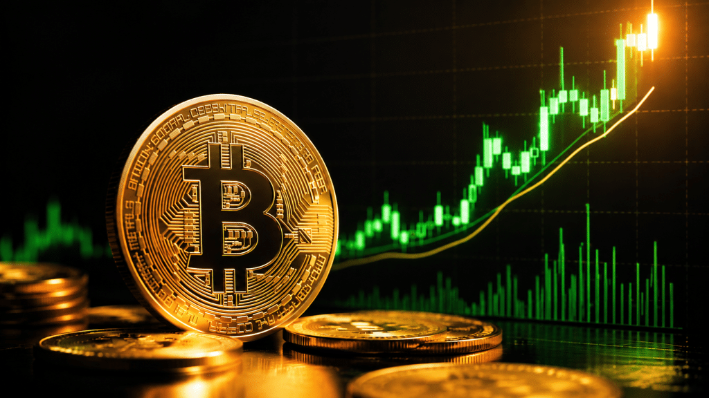 Gold Bitcoin coin in front of a rising green cryptocurrency market chart.
