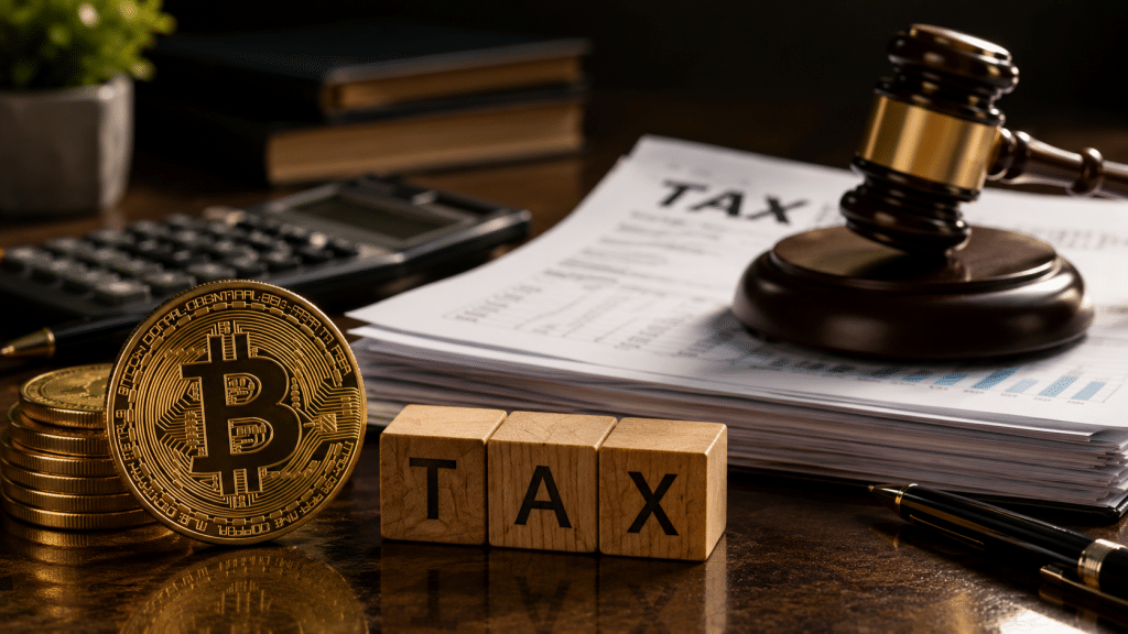 Bitcoin coin beside tax documents, calculator and gavel illustrating cryptocurrency taxation and potentially taxable crypto activity.