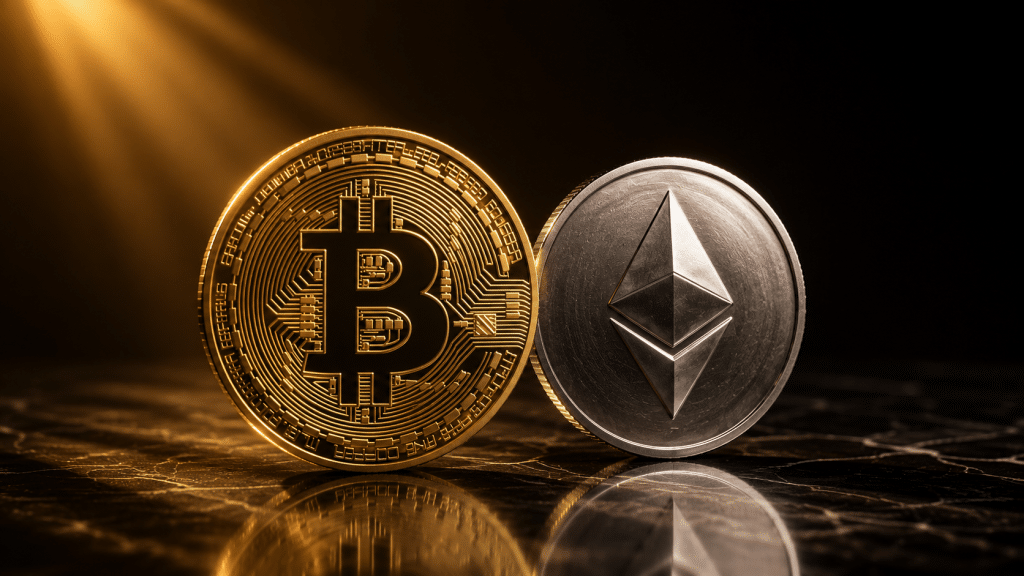 Bitcoin and Ethereum coins displayed against a dark background with warm lighting.