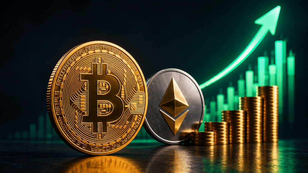 Bitcoin and Ethereum coins beside rising gold coin stacks and a green upward market chart.