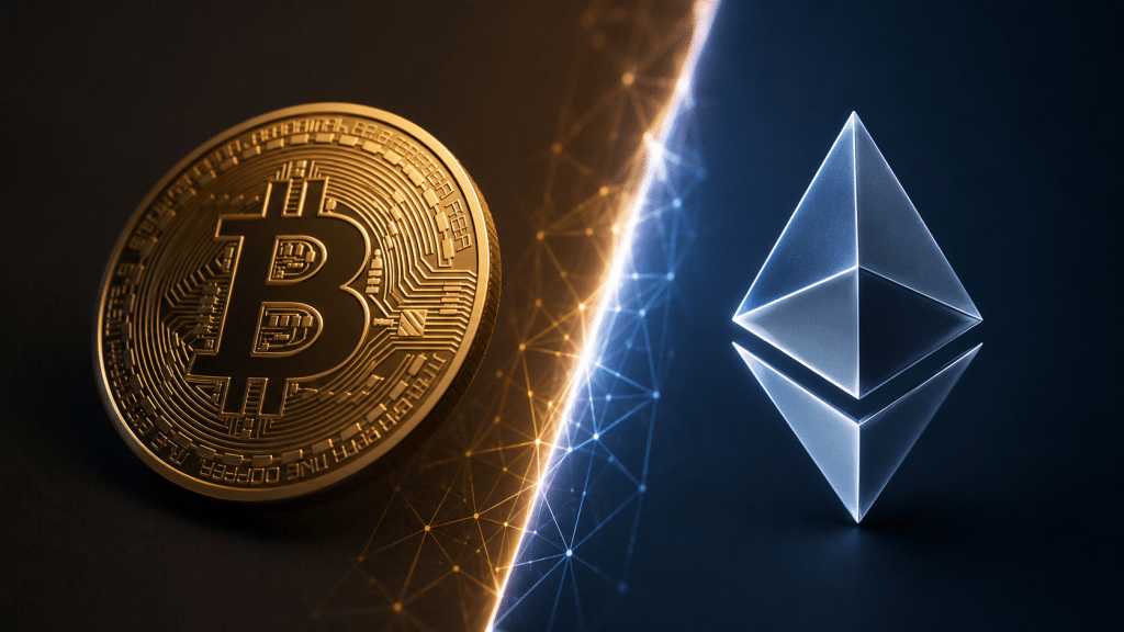 Bitcoin and Ethereum logos connected by a blockchain network, illustrating Ethereum scaling ideas similar to Bitcoin’s Utreexo technology.