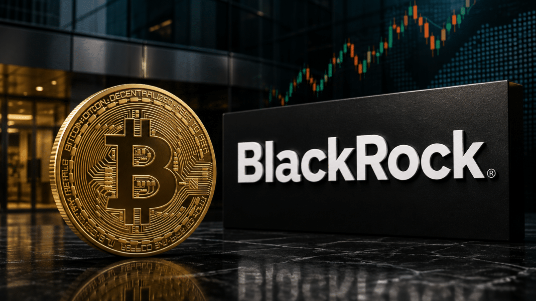 Bitcoin coin beside the BlackRock logo, representing BlackRock’s iShares Bitcoin Trust (IBIT) and in-kind BTC conversions.