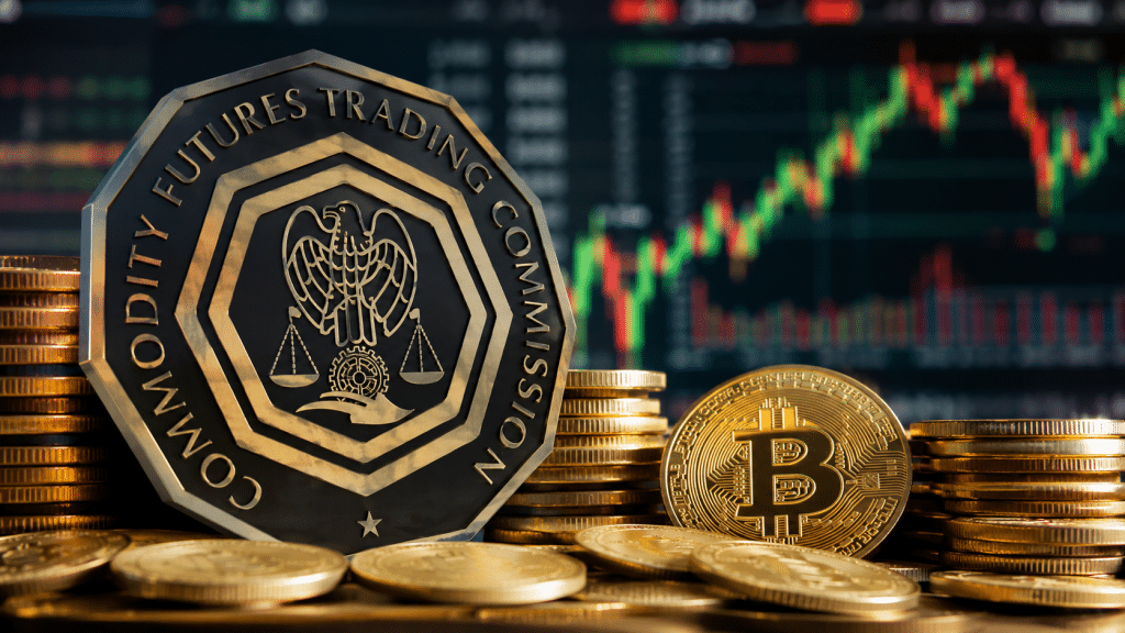 CFTC emblem displayed beside a Bitcoin coin and stacks of coins against a cryptocurrency market chart.