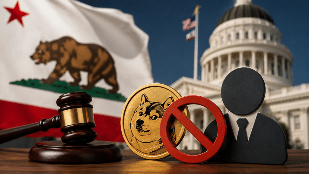 Illustration showing a meme coin, prohibition symbol and gavel in front of the California flag and State Capitol.