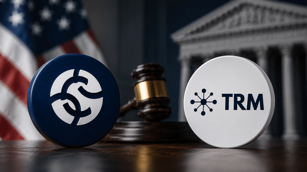 Chainalysis and TRM Labs logos pictured with a judge’s gavel, U.S. flag and courthouse in the background.