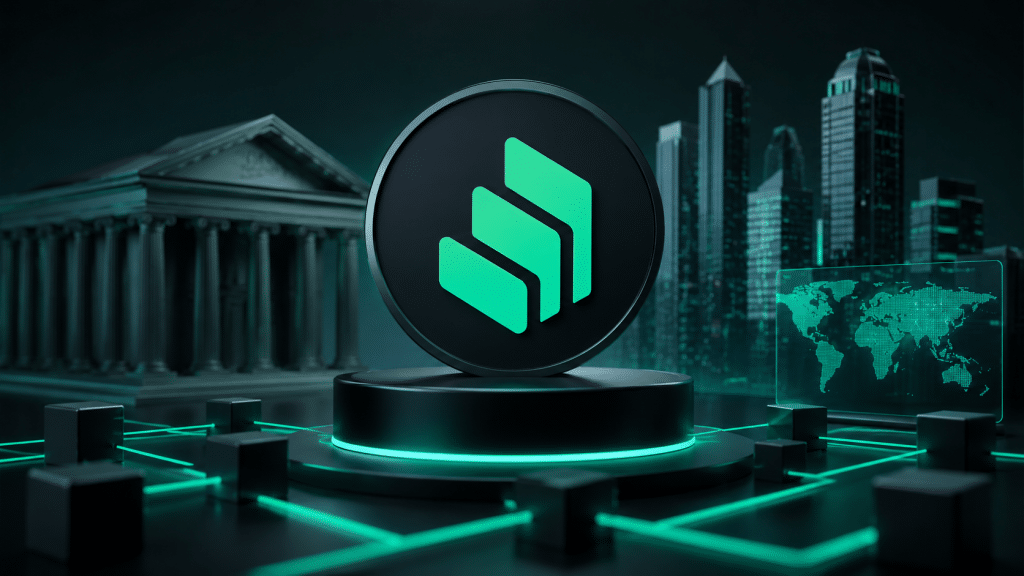 Compound logo displayed against a digital finance backdrop featuring a bank, financial district and blockchain network.