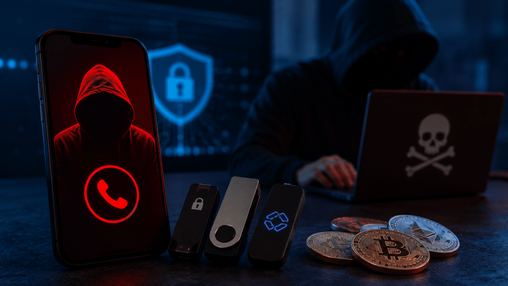 Illustration of a cybercriminal using a laptop alongside a phishing hook, smartphone, cryptocurrency coins and hardware wallets, representing a crypto fraud campaign targeting wallet users.