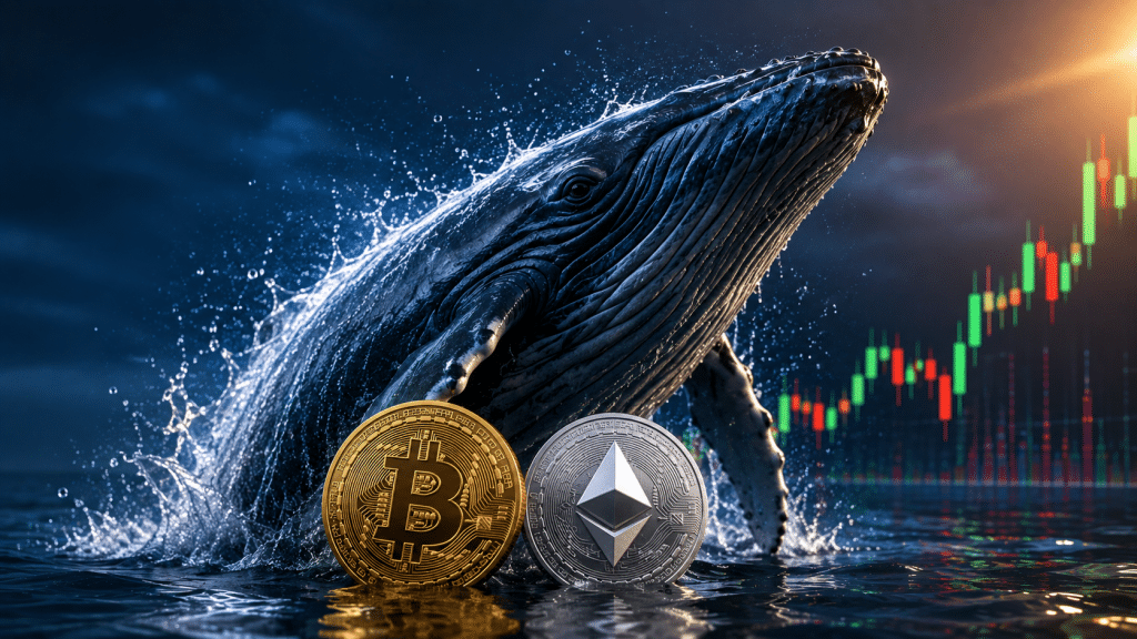 A large whale emerging from the ocean behind Bitcoin and Ethereum coins, with a rising crypto candlestick chart in the background.