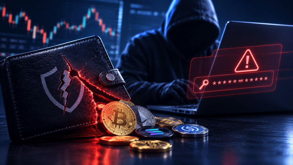 Illustration of a compromised crypto wallet with digital assets, a security warning and a hooded figure representing a private key breach.