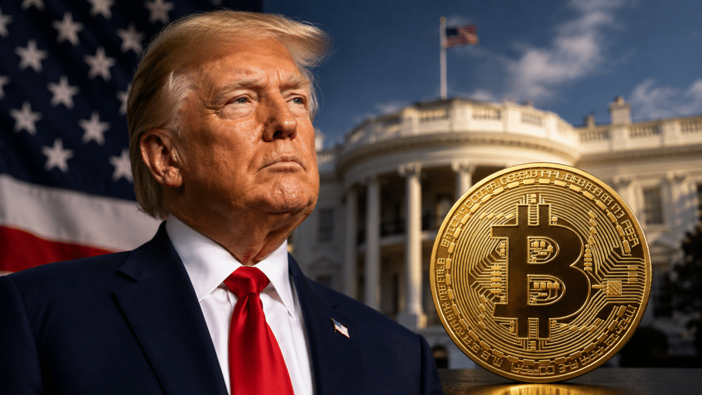 U.S. President Donald Trump pictured with a Bitcoin symbol and the White House in the background.