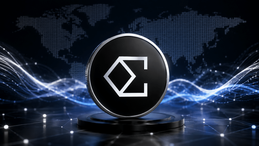 Ethena ENA logo displayed against a digital blockchain network background