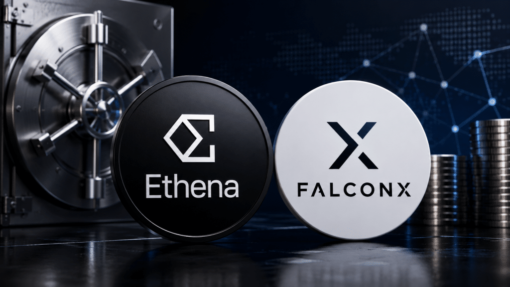 Ethena and FalconX logos displayed alongside a secure vault and stacked coins, illustrating their $1 billion secured institutional lending facility.