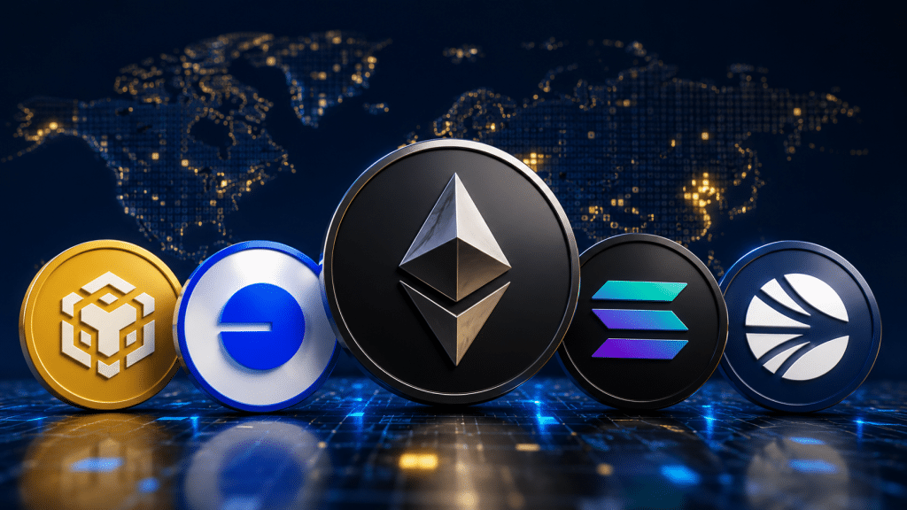 Ethereum, BNB Chain, Base, Solana and Sonic logos represented as crypto tokens against a digital world map.