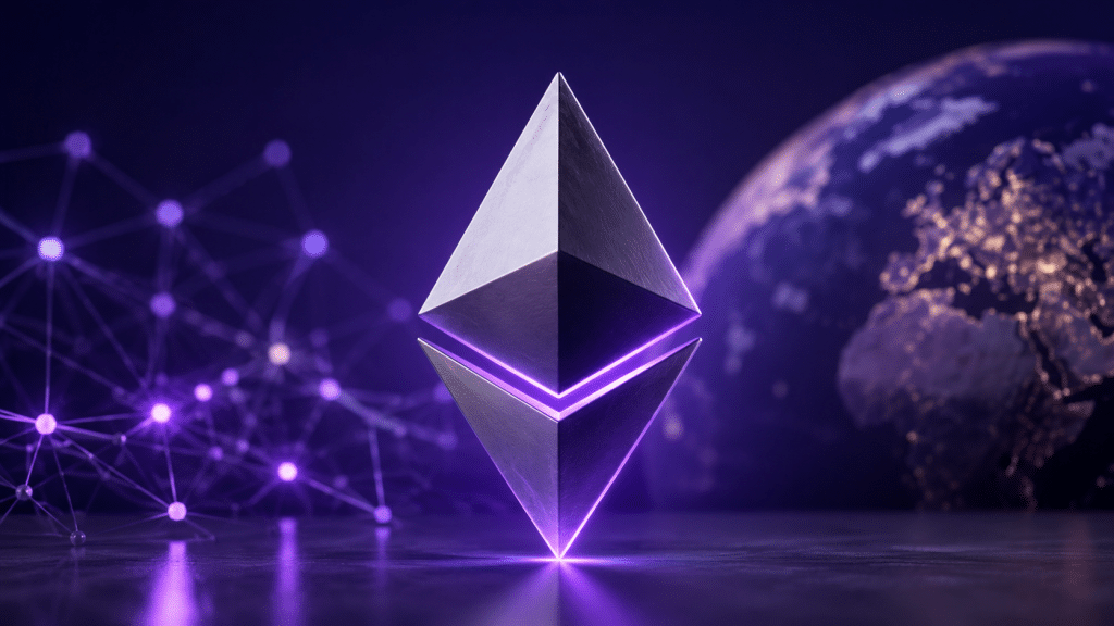 Ethereum logo against a blockchain network and digital globe background, illustrating Ethereum’s evolving technology roadmap.