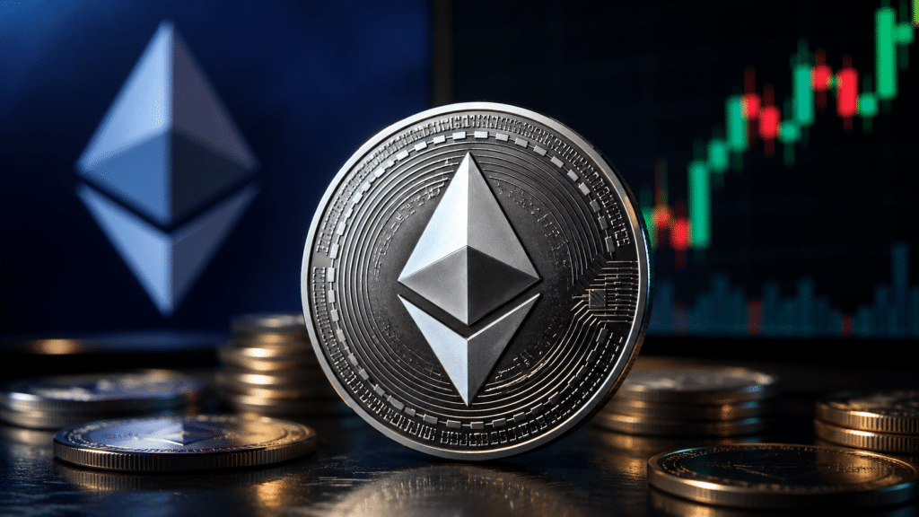 Ethereum coin displayed against a dark background with a cryptocurrency market chart.