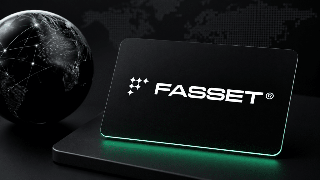 Fasset logo displayed on a black digital card beside a connected globe representing the stablecoin neobank’s global operations.