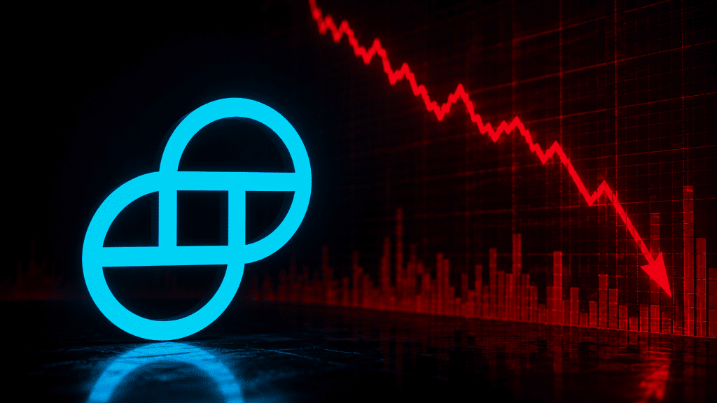 Gemini logo beside a red downward market chart illustrating a decline in the crypto exchange’s platform assets.