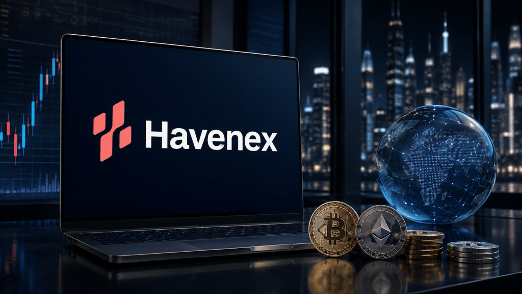 Havenex logo displayed on a laptop alongside Bitcoin and Ethereum coins in a digital finance setting.