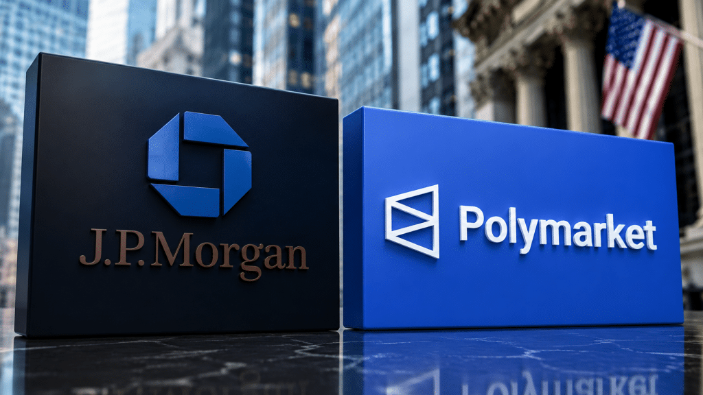 JPMorgan and Polymarket logos displayed side by side against a Wall Street-style financial district backdrop.