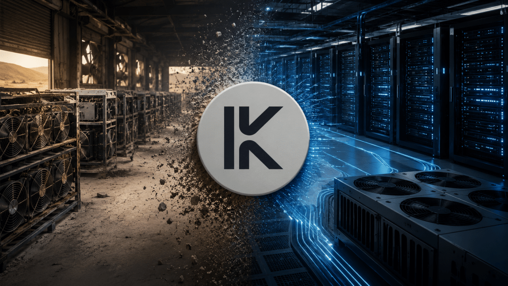 Keel Infrastructure logo between Bitcoin mining equipment and AI data center servers, illustrating the company’s shift from U.S. Bitcoin mining to AI and high-performance computing infrastructure.