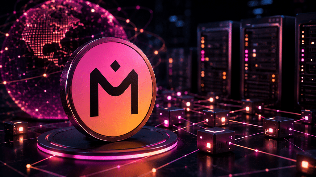 MANTRA logo displayed against blockchain network infrastructure as the project prepares for a mainnet restart after a security incident.