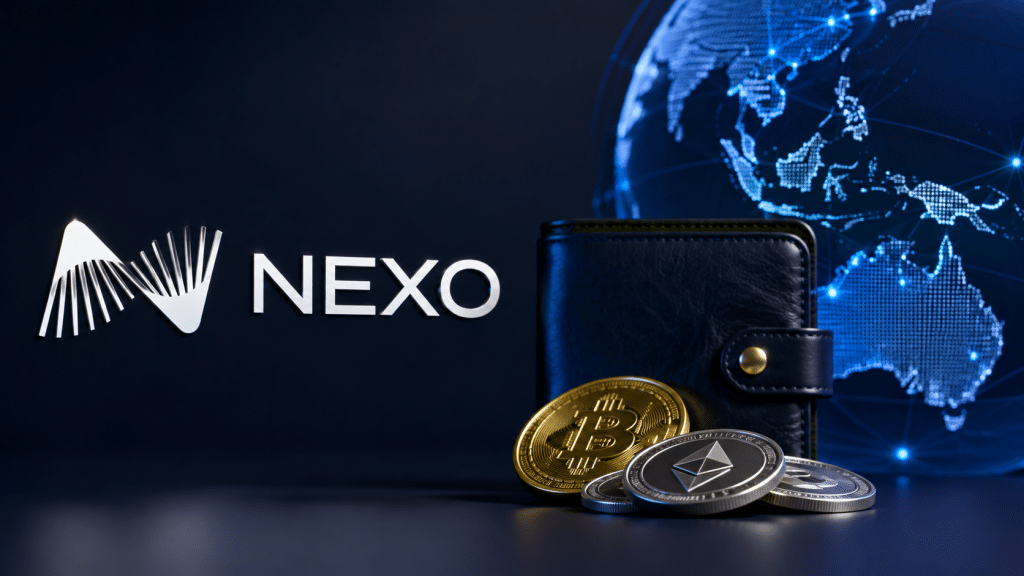 Nexo logo beside a crypto wallet and Bitcoin and Ethereum tokens, with Australia highlighted on a digital globe in the background.