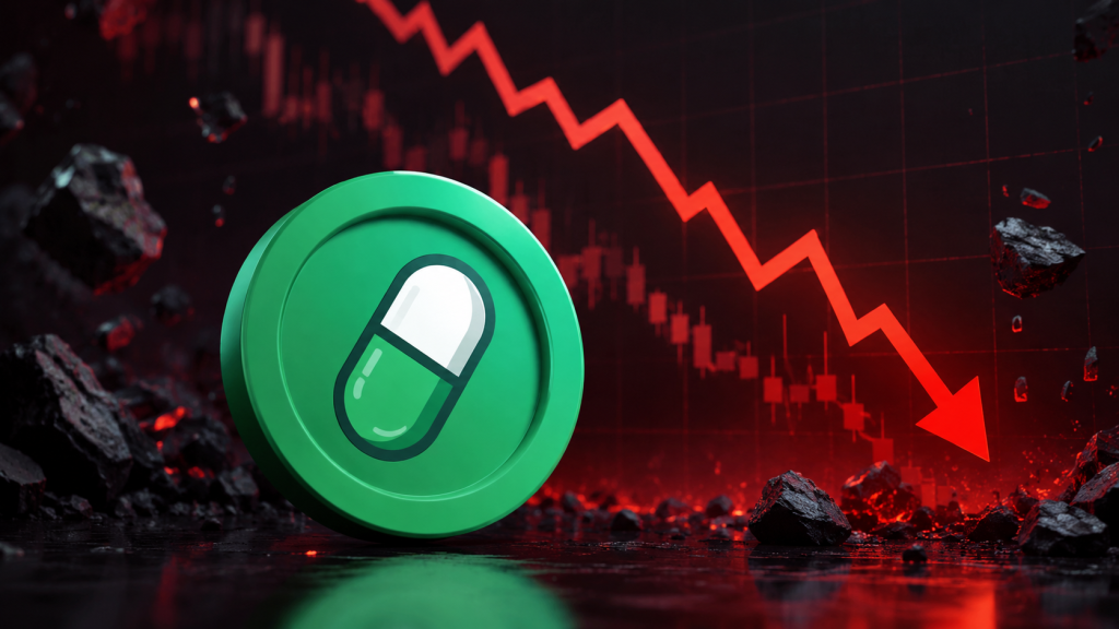 Pump.fun logo on a green crypto token against a red downward price chart illustrating a decline in PUMP.