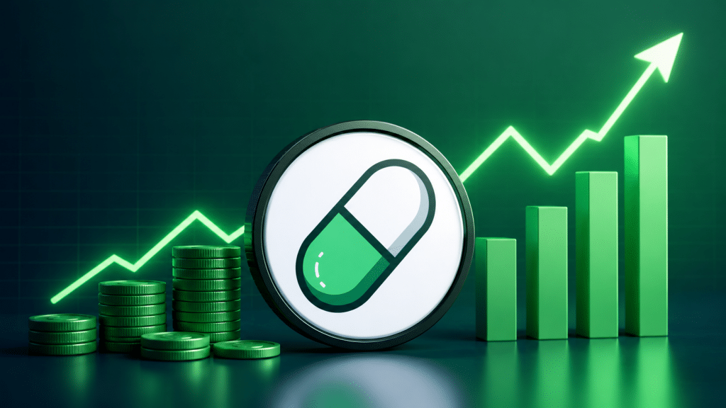 PumpFun logo with rising green chart, coin stacks and trading bars illustrating growth in protocol fees and trading activity.