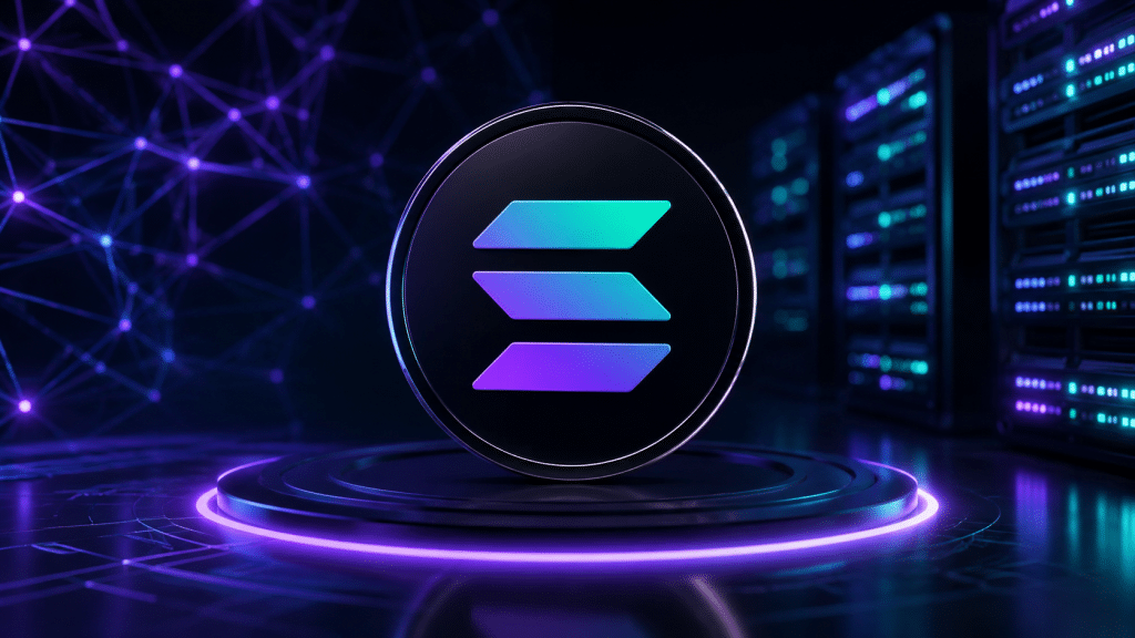 Solana logo displayed in front of network nodes and server infrastructure, illustrating a validator infrastructure outage while the blockchain remained operational.